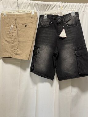Boohoo Man black denim cargo  men’s shorts size 30 & Goodthreads khaki size 32